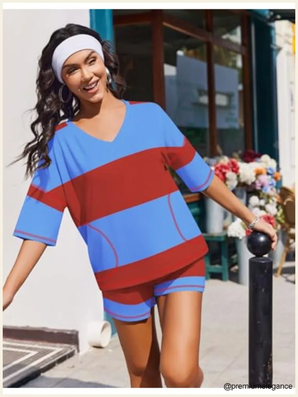 Women's Oversized Striped Lounge Short Sleeve Set with Pockets Two Piece
